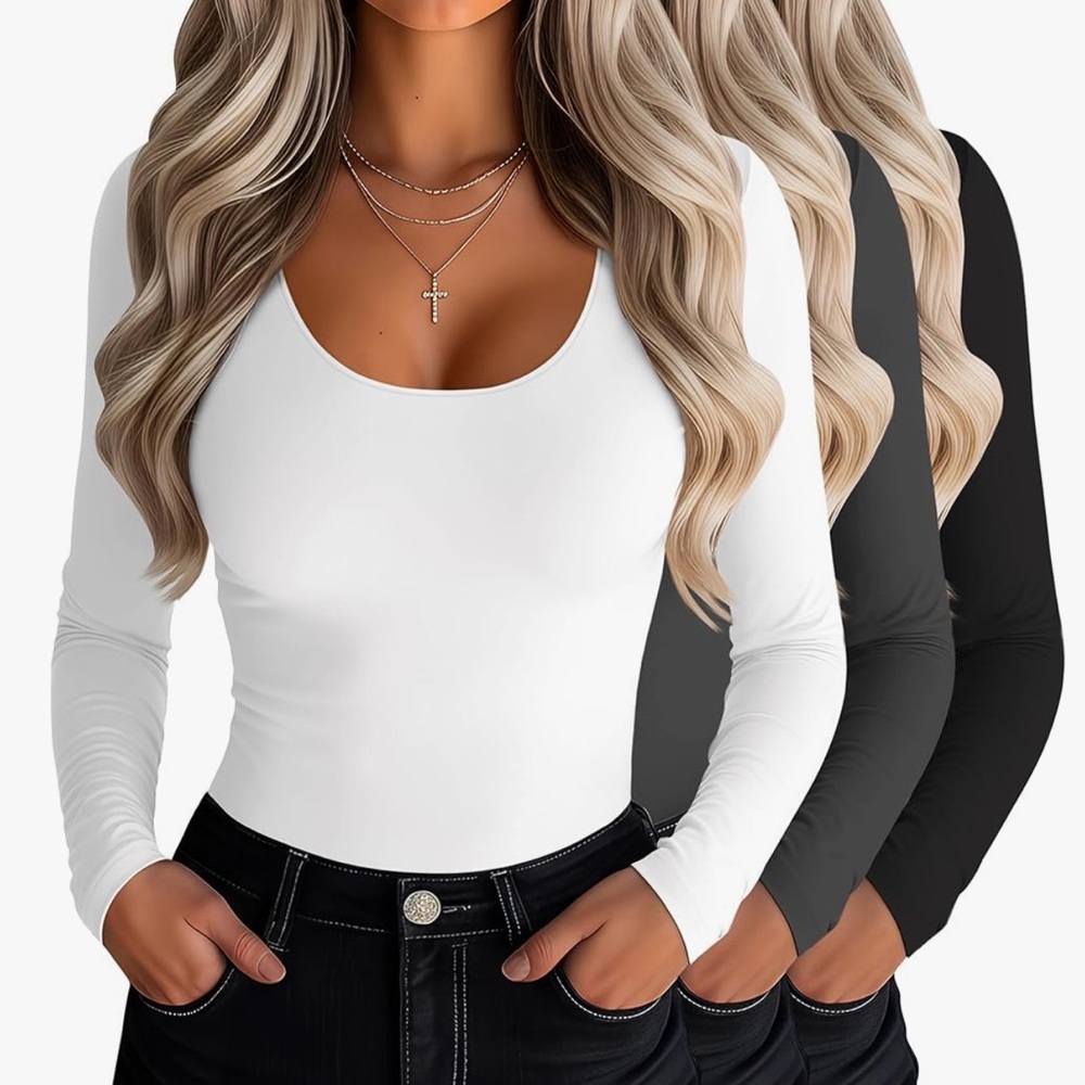 3 Pack Womens Scoop Neck Tops Long Sleeve Slim Fitted Shirt Casual NWT Medium